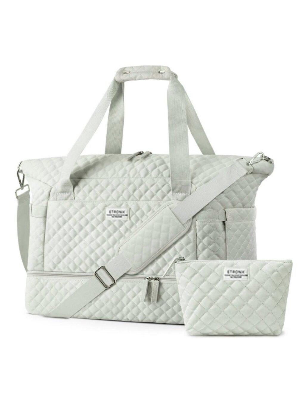 ETRONIK Grey Quilted Weekender Bag & Makeup Bag Set - Like New